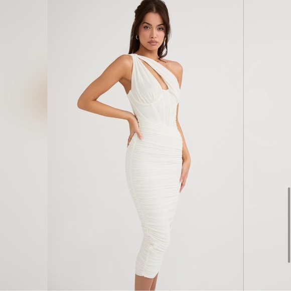 House of CB Valentina Ivory Asymmetric Cutout Midi Dress - Picture 8 of 9